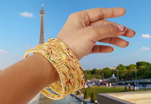 Touchstone NEW Golden Bangle Collection Indian Bollywood Desire Beautifully Carved Conch Shell Inspired Faux Ruby Emerald Thick Designer Jewelry Bangle Bracelets. Set of 4. In Gold Tone For Women. - Image 2