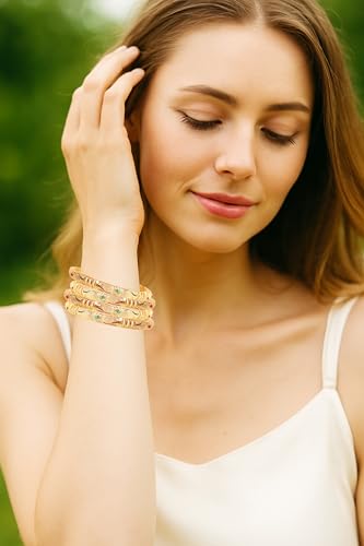 Touchstone NEW Golden Bangle Collection Indian Bollywood Desire Beautifully Carved Conch Shell Inspired Faux Ruby Emerald Thick Designer Jewelry Bangle Bracelets. Set of 4. In Gold Tone For Women. - Image 4
