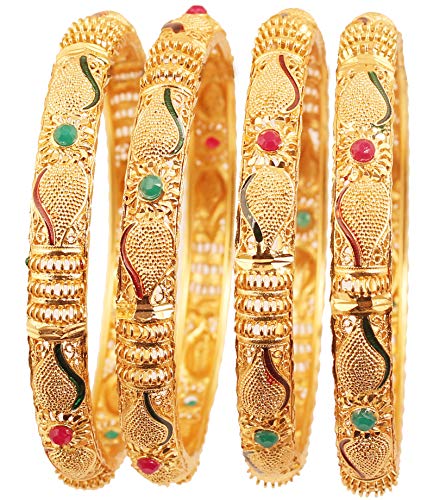 Touchstone NEW Golden Bangle Collection Indian Bollywood Desire Beautifully Carved Conch Shell Inspired Faux Ruby Emerald Thick Designer Jewelry Bangle Bracelets. Set of 4. In Gold Tone For Women. - Image 1