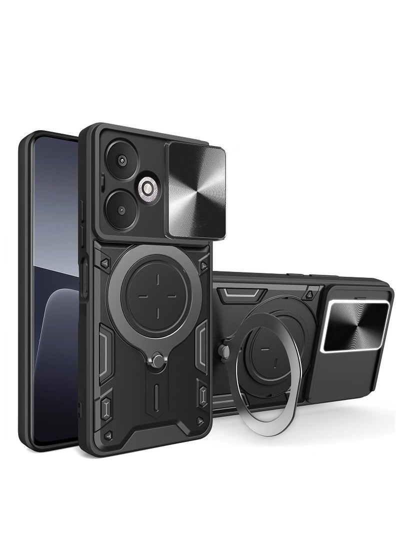 for Redmi 13C 5G Case, Slide Camera Lens Cover, Magnetic Ring Holder Kickstand Protective Phone Case for Redmi 13C 5G, Black - Image 1