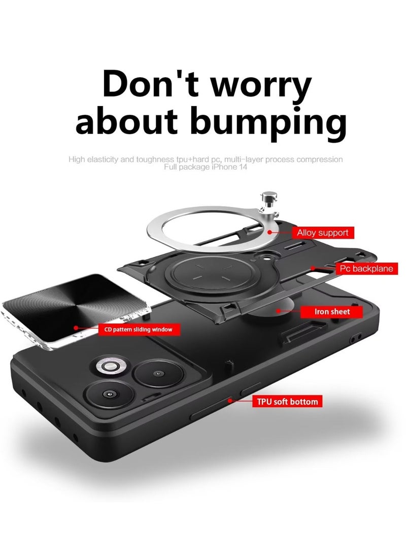 for Redmi 13C 5G Case, Slide Camera Lens Cover, Magnetic Ring Holder Kickstand Protective Phone Case for Redmi 13C 5G, Black - Image 3