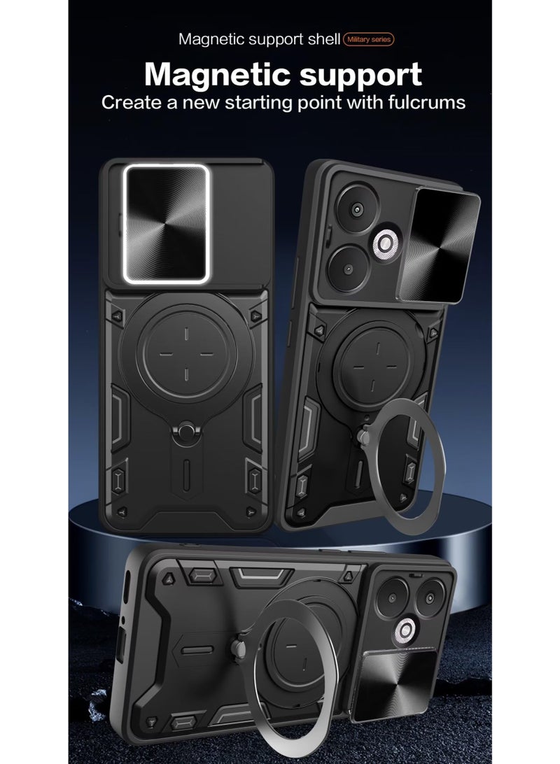 for Redmi 13C 5G Case, Slide Camera Lens Cover, Magnetic Ring Holder Kickstand Protective Phone Case for Redmi 13C 5G, Black - Image 4