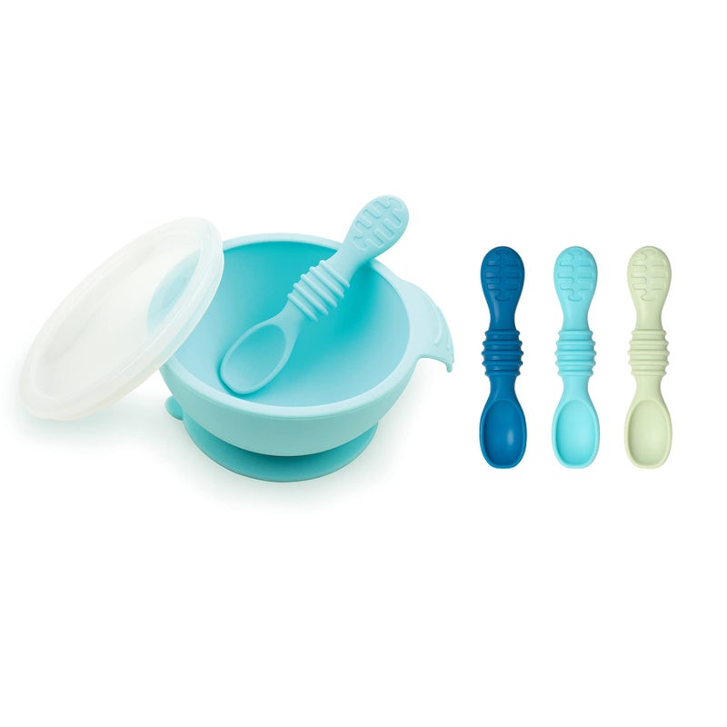 Bumkins Baby Bowl, Silicone Feeding Set with Suction for Baby and Toddler, Includes 4 Spoons and Lid, First Feeding Set, Training Essentials for Baby Led Weaning for Babies 4 Months Up, Blue - Image 1