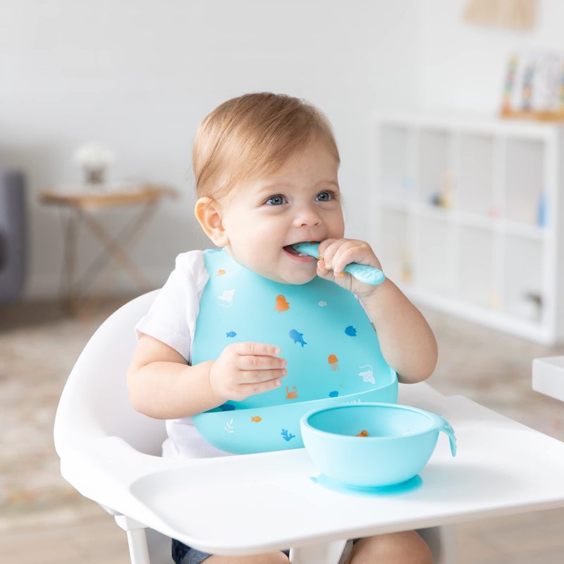Bumkins Baby Bowl, Silicone Feeding Set with Suction for Baby and Toddler, Includes 4 Spoons and Lid, First Feeding Set, Training Essentials for Baby Led Weaning for Babies 4 Months Up, Blue - Image 3