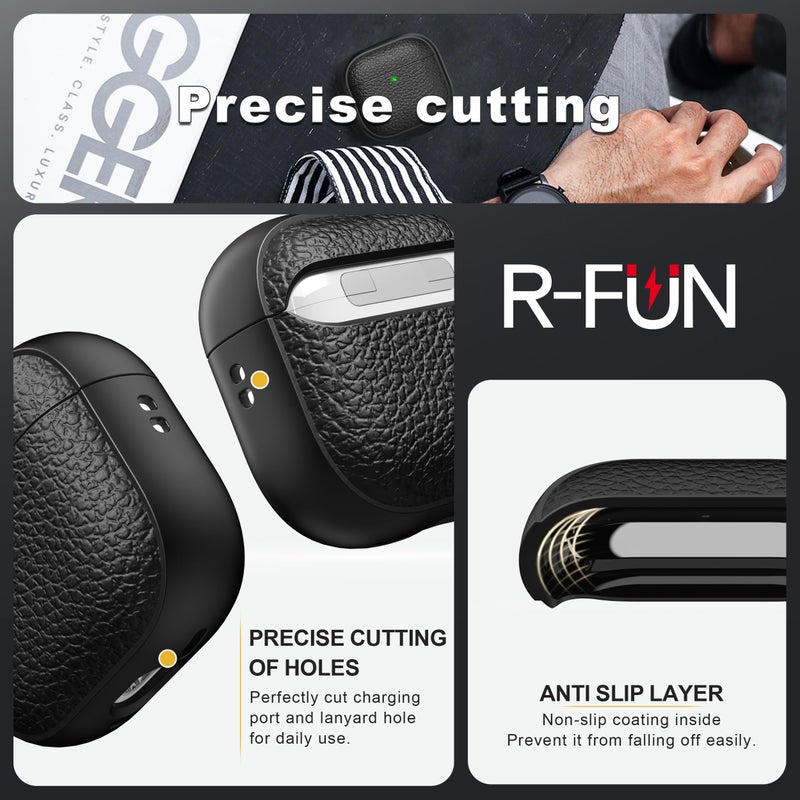 R-fun for Airpods 4 Case, Soft TPU (Leather-Like Design) Drop Protection Cover for Men and Women with Lanyard and Cleaner Kit, Compatible with Apple Latest Airpods 4th Gen(USB-C)(2024)-Black - Image 3