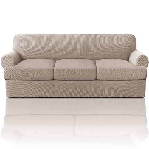 PrinceDeco T Cushion Sofa Slipcover 4 Pieces Sofa Covers for T Cushion Couch Soft Sofa Slip Covers Furniture Protector with 3 Individual T Shape Seat Covers Width Up to 90 Inch Sand