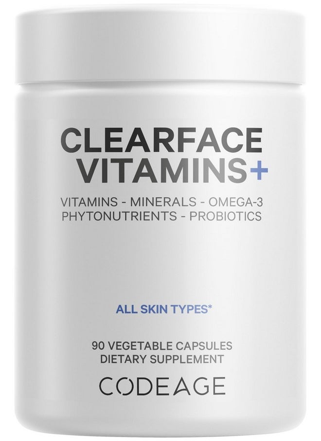 Codeage Codeage Clearface Pantothenic Acid, Niacin Supplement, Vitamins A, C, D3, E, Probiotics, Zinc, Riboflavin, Thiamin, L-Lysine HCL & Omega-3, Niacinamide, Skin Botanical Blend - Non-GMO - 90 Capsules  - Image 1
