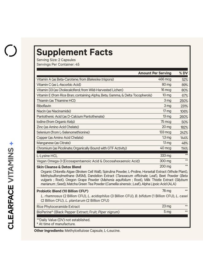 Codeage Codeage Clearface Pantothenic Acid, Niacin Supplement, Vitamins A, C, D3, E, Probiotics, Zinc, Riboflavin, Thiamin, L-Lysine HCL & Omega-3, Niacinamide, Skin Botanical Blend - Non-GMO - 90 Capsules  - Image 2