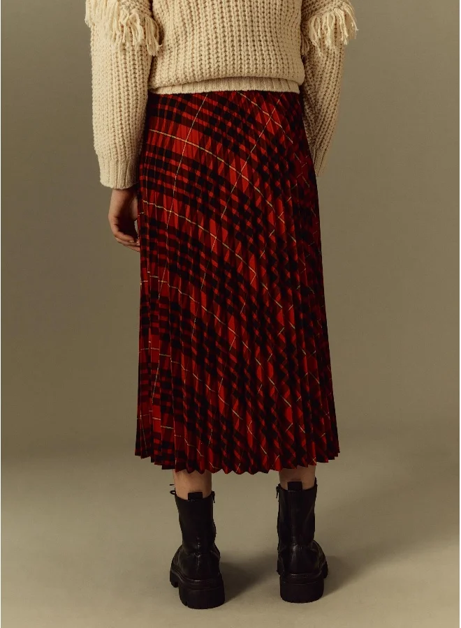 او في اس Ovs Womens Piombo Tartan Check Pattern Pleated Skirt