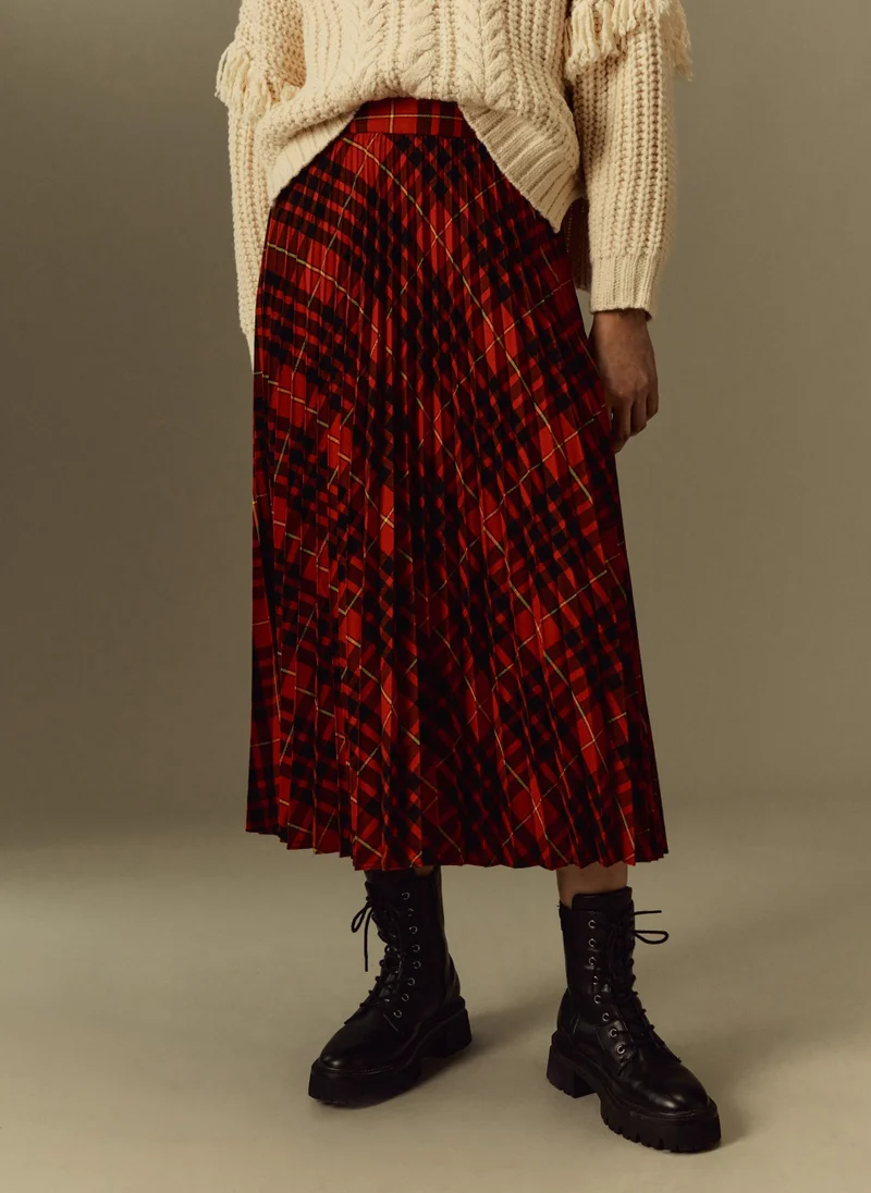 او في اس Ovs Womens Piombo Tartan Check Pattern Pleated Skirt