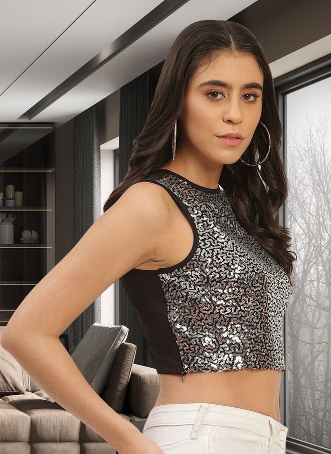 Rue Collection Embellished Black Crop Top for Women - Image 3