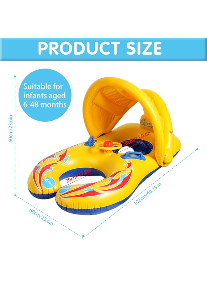 هاسذيب عوامة أطفال مزدوجة قابلة للنفخ مع مظلة شمسية، حلقة سباحة تفاعلية للوالدين والأطفال، أنبوب سباحة للأطفال، مظلة حماية من الأشعة فوق البنفسجية 110×65 سم، مناسبة للأطفال من عمر 6 إلى 48 شهرًا، أنبوب سباحة للأطفال - Image 2