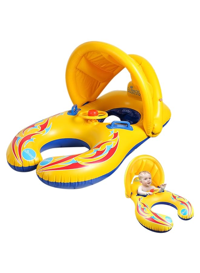 هاسذيب عوامة أطفال مزدوجة قابلة للنفخ مع مظلة شمسية، حلقة سباحة تفاعلية للوالدين والأطفال، أنبوب سباحة للأطفال، مظلة حماية من الأشعة فوق البنفسجية 110×65 سم، مناسبة للأطفال من عمر 6 إلى 48 شهرًا، أنبوب سباحة للأطفال - Image 1