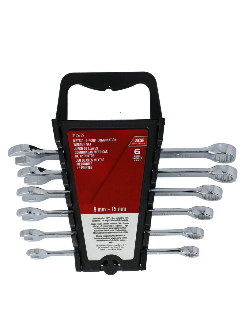 ACE 6-Piece Metric 12-Point Combination Wrench Set Silver