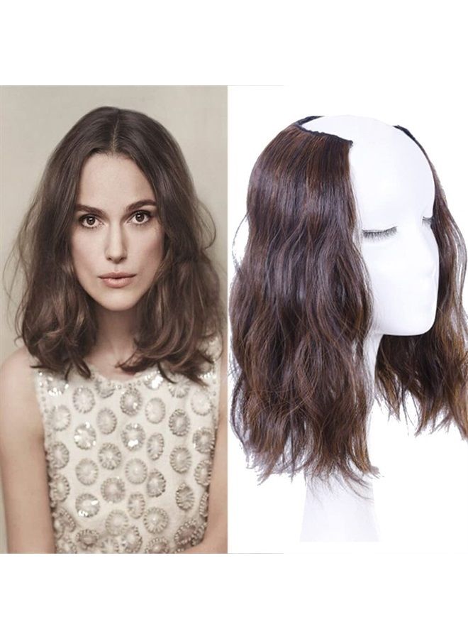 LesafeV Medium Length 12" Wavy U-Shape Part Half Wig One Piece Clip in Hair Extension Black Brown - Image 1