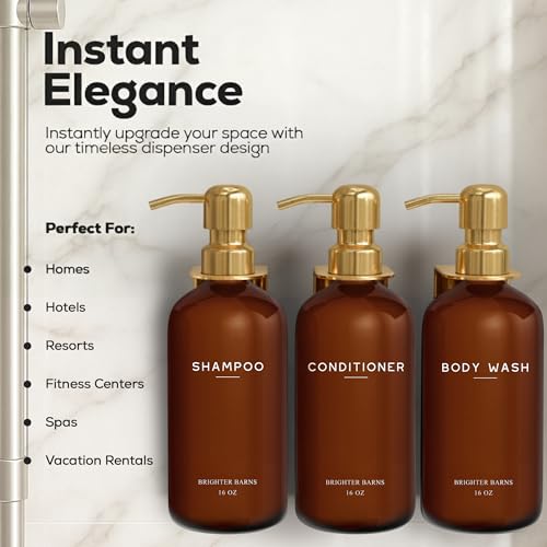 Brighter Barns Luxury Shampoo and Conditioner Dispenser Set Wall Mounted by Brighter Barns Plastic Shower Dispenser Set 3 Chamber Drill Free Shampoo Bottle Modern Bathroom Decor for Guest Bathroom Amber Gold - Image 3