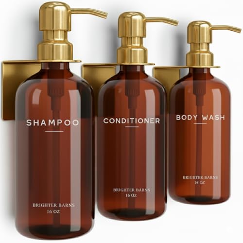 Brighter Barns Luxury Shampoo and Conditioner Dispenser Set Wall Mounted by Brighter Barns Plastic Shower Dispenser Set 3 Chamber Drill Free Shampoo Bottle Modern Bathroom Decor for Guest Bathroom Amber Gold - Image 1