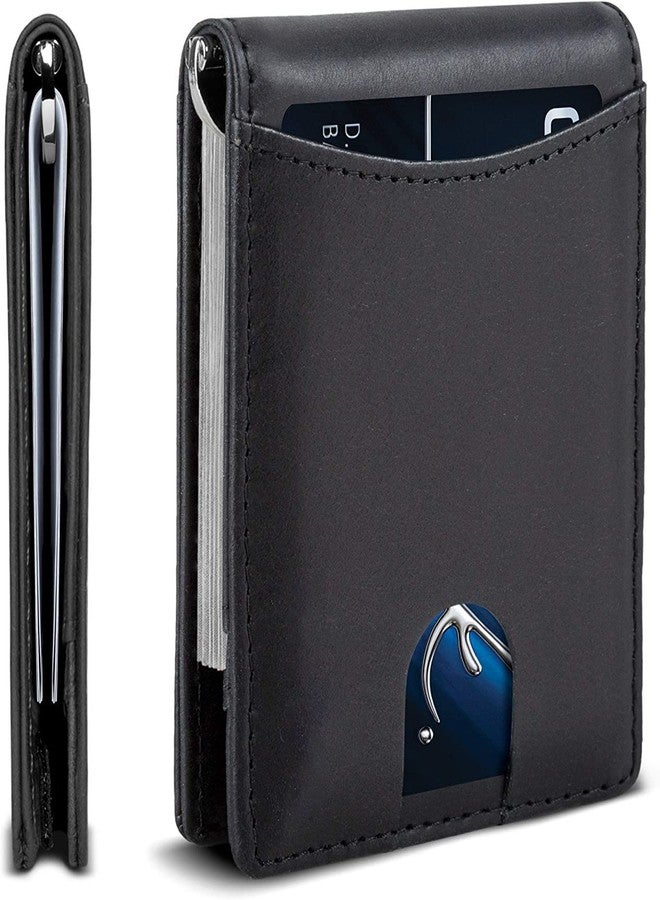 كونتاكتس محفظة نقود جلدية أصلية من كونتاكتس، رفيعة، تُوضع في الجيب الأمامي، مزودة بتقنية حجب RFID، وحامل بطاقات، تصميم بسيط ثنائي الطي للرجال، مزودة بحزام سحب ذكي، 8 فتحات للبطاقات، فتحة واحدة لبطاقة الهوية (أسود)… - Image 1