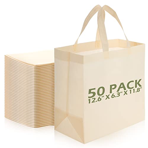 Reginary 50 Pieces Reusable Totes Bag Bulk Shopping Bags Non Woven Grocery handbag with Handles Foldable for Boutiques(Beige) - Image 1