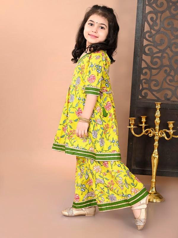 superminis Girls Cotton Floral Printed Gota Patti Work Half Sleeves Kurti and Sharara (18-24 Months, Yellow) - Image 3