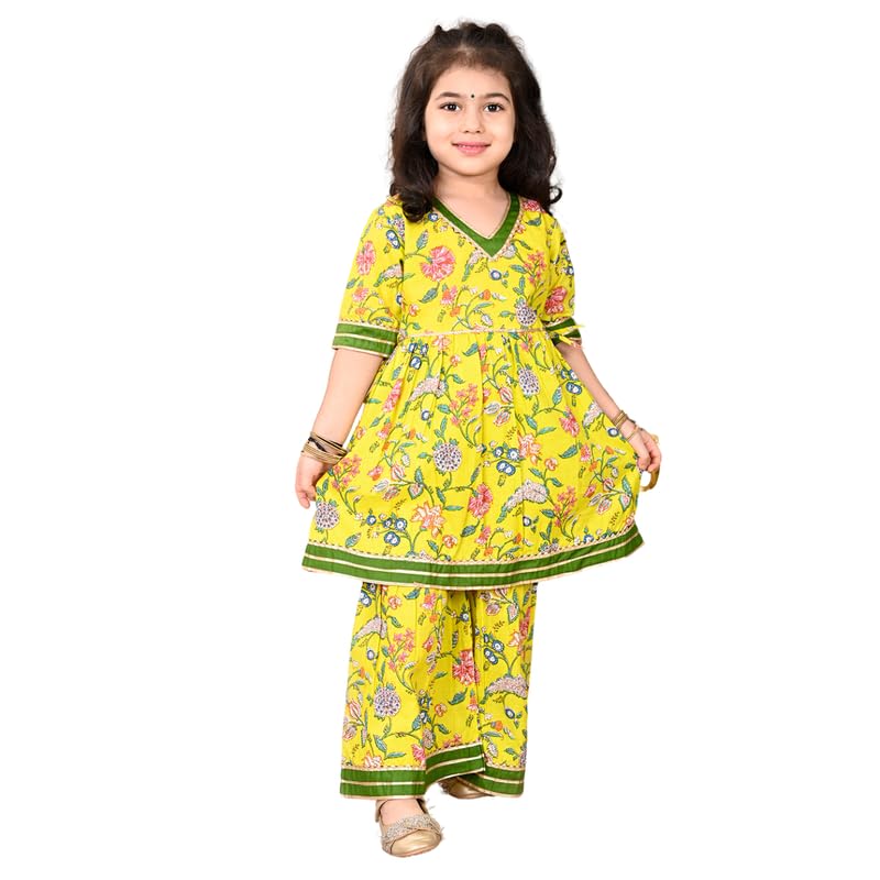 superminis Girls Cotton Floral Printed Gota Patti Work Half Sleeves Kurti and Sharara (18-24 Months, Yellow) - Image 1
