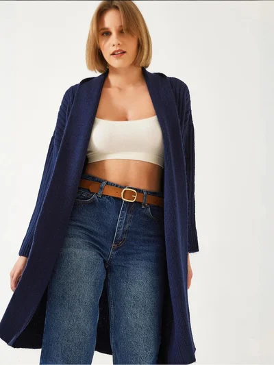Bianco Lucci LUCCI Textured Long Ribbed Shawl Collar Cardigan