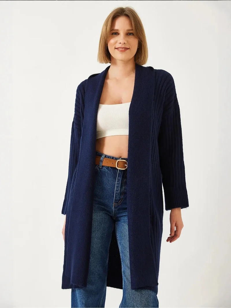 Bianco Lucci Navy Blue LUCCI Textured Long Ribbed Shawl Collar Cardigan for Women | Best Price UAE