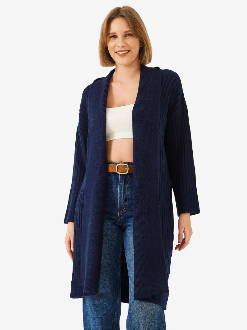 Bianco Lucci Navy Blue LUCCI Textured Long Ribbed Shawl Collar Cardigan for Women | Best Price UAE