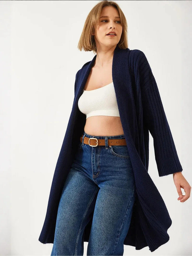 Bianco Lucci Navy Blue LUCCI Textured Long Ribbed Shawl Collar Cardigan for Women | Best Price UAE