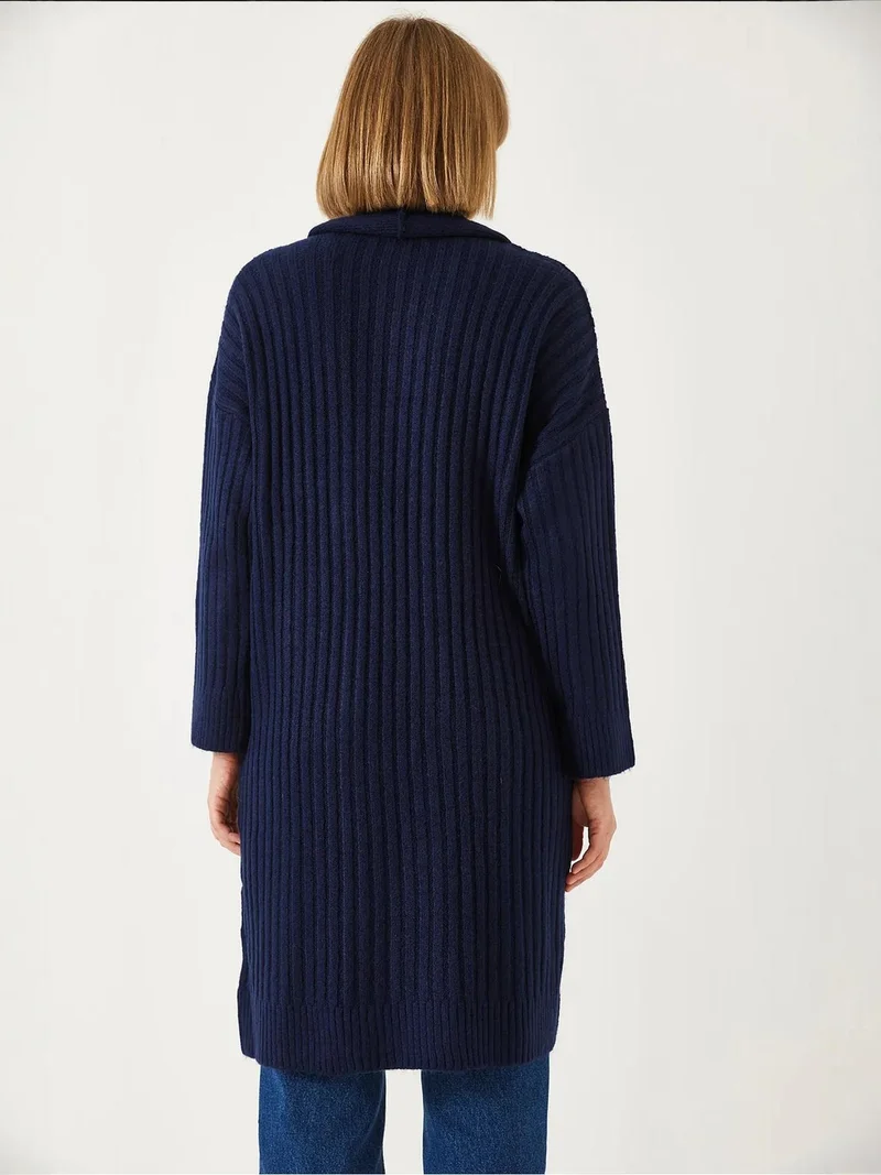 Bianco Lucci Navy Blue LUCCI Textured Long Ribbed Shawl Collar Cardigan for Women | Best Price UAE