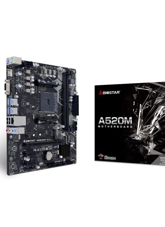 Biostar - Biostar A520MH 3.0 Ver. 6.0 Micro ATX Motherboard, AMD Socket AM4 CPU, Realtek RTL 8111H, Gigabit Ethernet, Supports Dual Channel DDR4 64GB, 1 x PCIe 3.0 x16 Slot, 4 x SATA III Connectors - Image 1