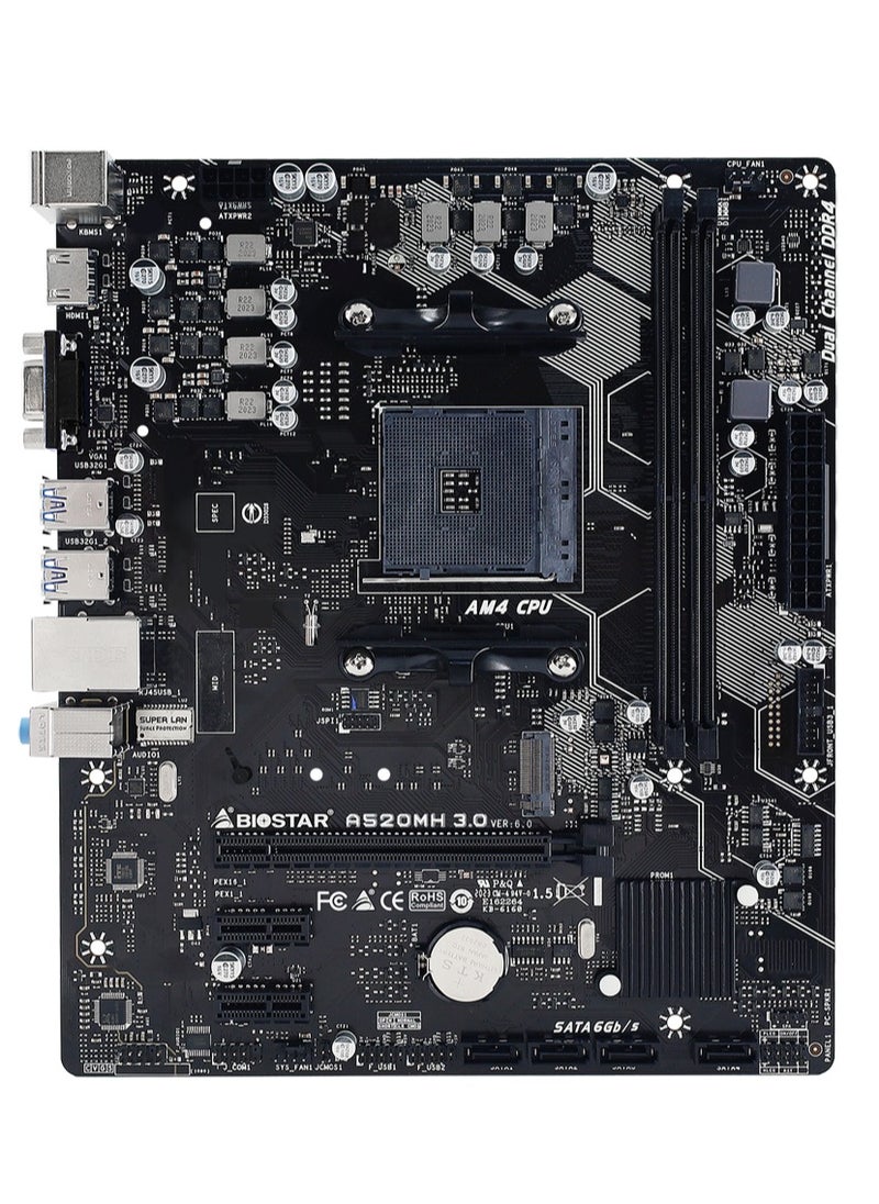 Biostar - Biostar A520MH 3.0 Ver. 6.0 Micro ATX Motherboard, AMD Socket AM4 CPU, Realtek RTL 8111H, Gigabit Ethernet, Supports Dual Channel DDR4 64GB, 1 x PCIe 3.0 x16 Slot, 4 x SATA III Connectors - Image 1