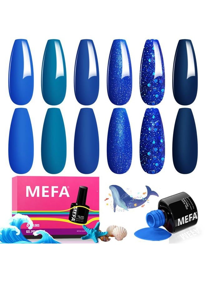 MEFA طقم طلاء أظافر جل أزرق، 6 ألوان، طلاء أظافر أزرق بحري، أزرق ياقوتي، طلاء أظافر أزرق غامق، جل لامع أزرق، مجموعة أدوات البداية، طلاء أظافر قابل للإزالة، تصميم فن الأظافر، هدية عطلة للنساء - Image 1