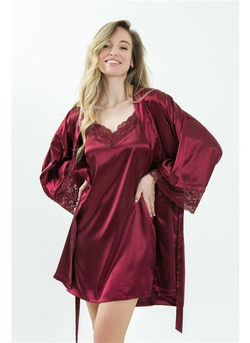Magic Form 37430 Women's Crepe Satin Lace Dressing Gown-Burgundy  - Image 2