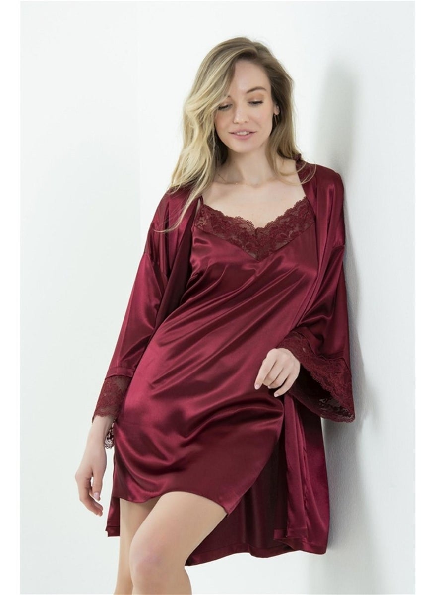Magic Form 37430 Women's Crepe Satin Lace Dressing Gown-Burgundy  - Image 1