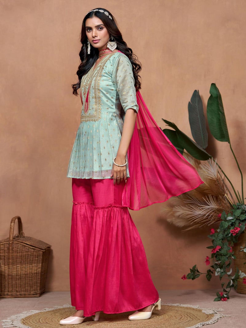 EthnicJunction Women's Chanderi Silk Embroidered A-Line Kurta Sharara with Choker Dupatta Set Grey - Image 4