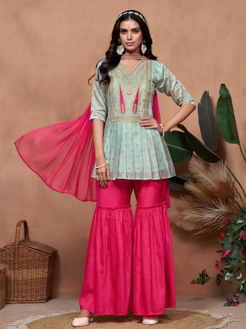 EthnicJunction Women's Chanderi Silk Embroidered A-Line Kurta Sharara with Choker Dupatta Set Grey - Image 3