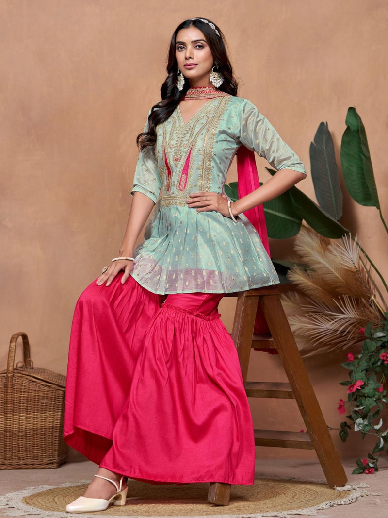 EthnicJunction Women's Chanderi Silk Embroidered A-Line Kurta Sharara with Choker Dupatta Set Grey - Image 2