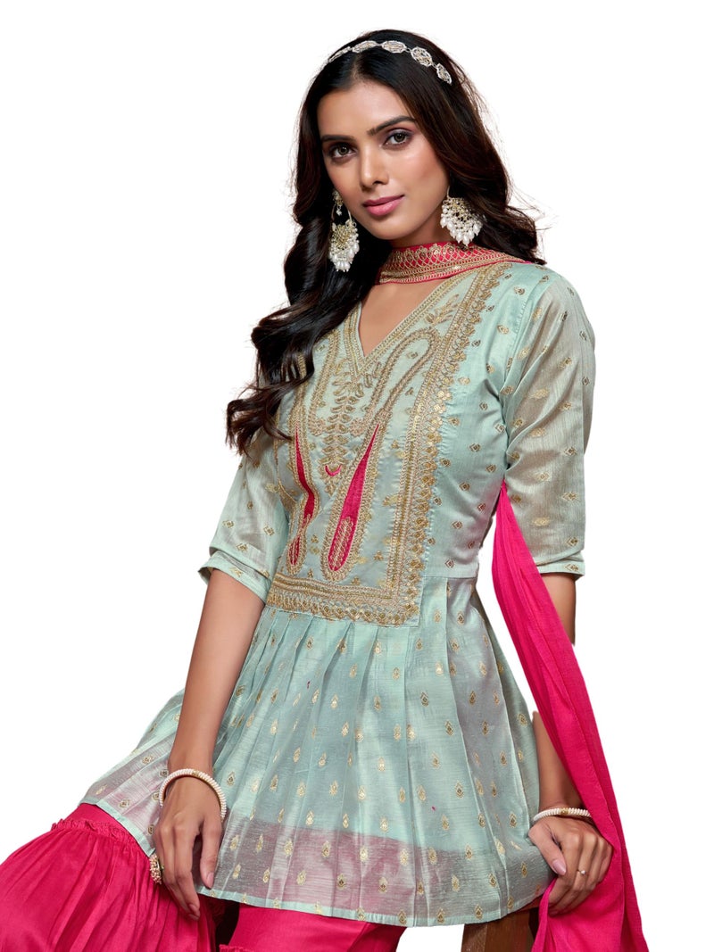 EthnicJunction Women's Chanderi Silk Embroidered A-Line Kurta Sharara with Choker Dupatta Set Grey - Image 1