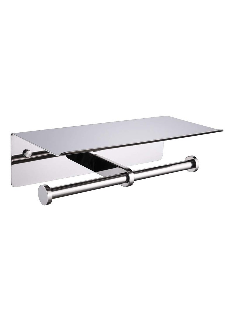 APLusee Double Toilet Paper Holder with Shelf Polished Chrome  APLusee SUS304 Stainless Steel Contemporary Bathroom Tissue Roll Holder Cell Phone Storage Rack  - Image 1