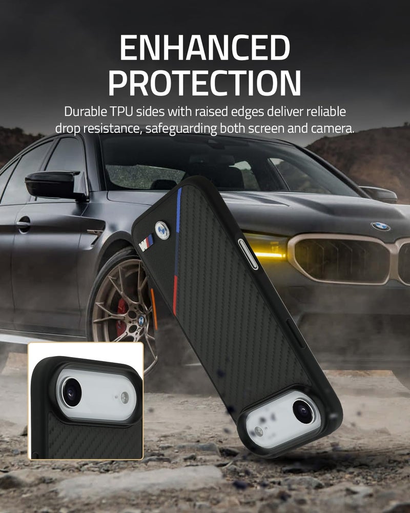 CG MOBILE حافظة حماية CG MOBILE BMW [مرخصة رسمياً] مصممة لجهاز iPhone 17 Air | متوافقة مع Mag-Safe | مجموعة M | حافظة جلدية PU كربونية مع خطوط ثلاثية الألوان وشعارات معدنية - سوداء - Image 5