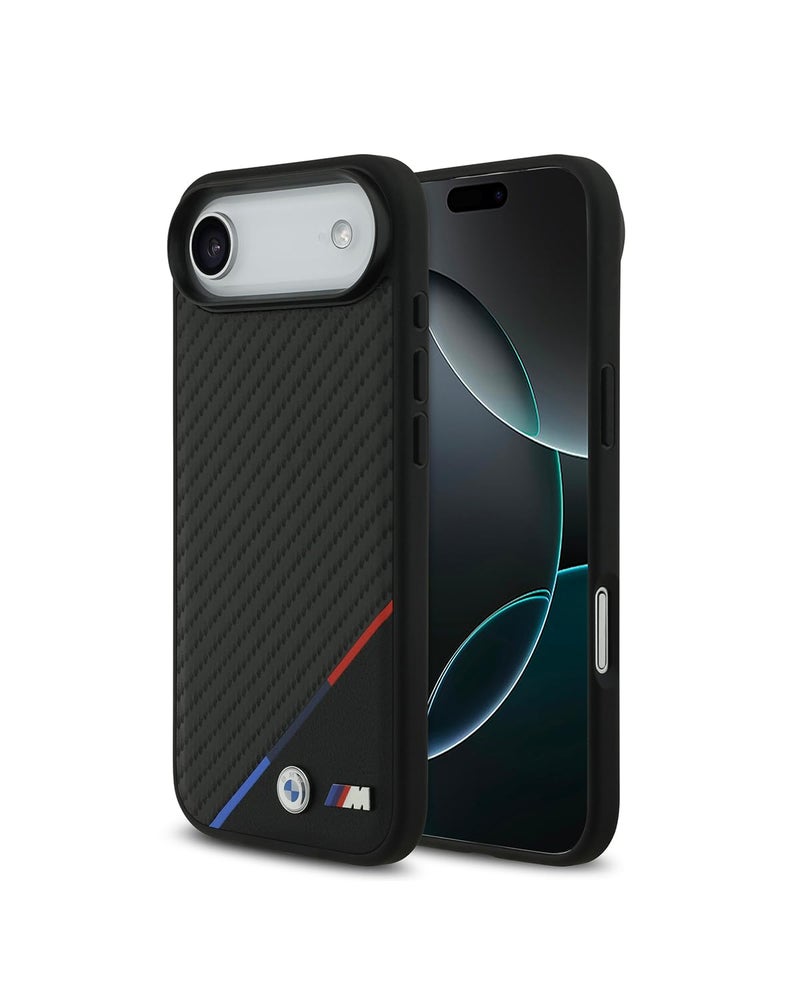 CG MOBILE حافظة حماية CG MOBILE BMW [مرخصة رسمياً] مصممة لجهاز iPhone 17 Air | متوافقة مع Mag-Safe | مجموعة M | حافظة جلدية PU كربونية مع خطوط ثلاثية الألوان وشعارات معدنية - سوداء - Image 1
