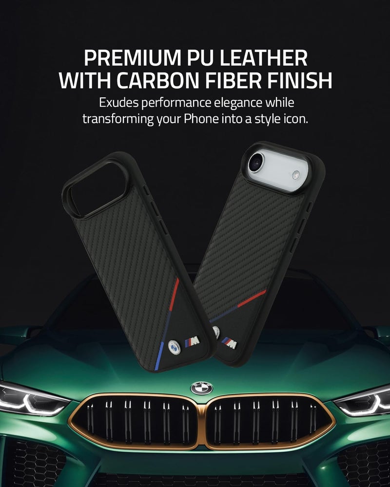 CG MOBILE حافظة حماية CG MOBILE BMW [مرخصة رسمياً] مصممة لجهاز iPhone 17 Air | متوافقة مع Mag-Safe | مجموعة M | حافظة جلدية PU كربونية مع خطوط ثلاثية الألوان وشعارات معدنية - سوداء - Image 4