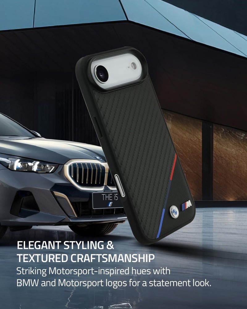CG MOBILE حافظة حماية CG MOBILE BMW [مرخصة رسمياً] مصممة لجهاز iPhone 17 Air | متوافقة مع Mag-Safe | مجموعة M | حافظة جلدية PU كربونية مع خطوط ثلاثية الألوان وشعارات معدنية - سوداء - Image 3