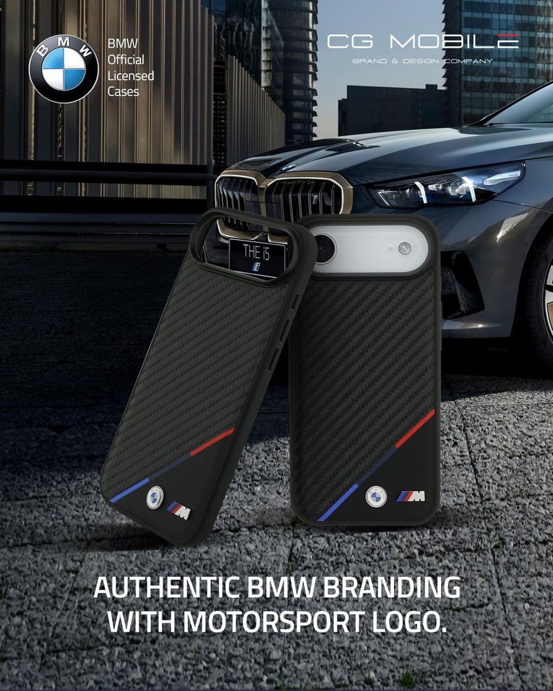 CG MOBILE حافظة حماية CG MOBILE BMW [مرخصة رسمياً] مصممة لجهاز iPhone 17 Air | متوافقة مع Mag-Safe | مجموعة M | حافظة جلدية PU كربونية مع خطوط ثلاثية الألوان وشعارات معدنية - سوداء - Image 2