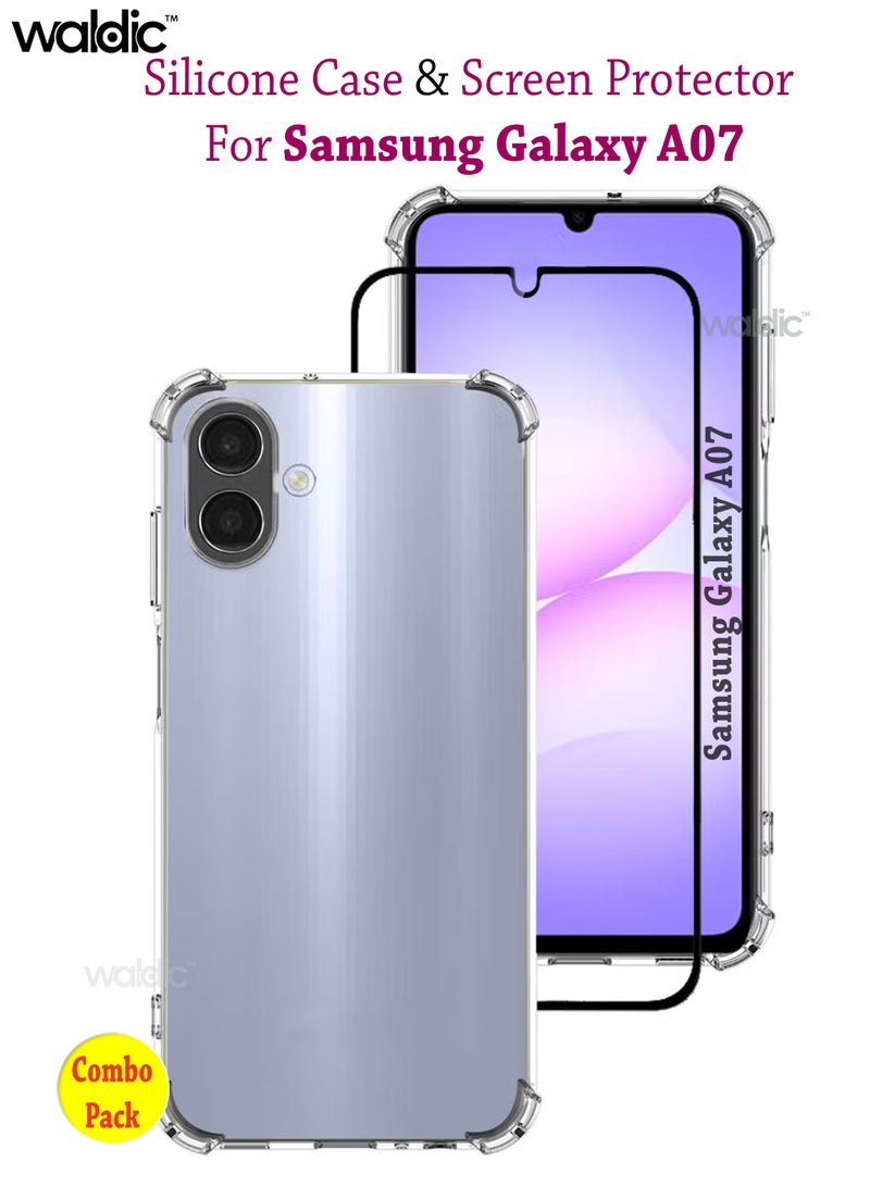 Waldic COMBO OFFER Samsung Galaxy A07 Case with Tempered Screen Protector | Designed for Samsung Galaxy A07 Case | Slim Flexible TPU Airbag Bumper Shock Absorption Rubber Soft Silicone Case Cover with Premium Tempered Glass Screen Protector Fit for Samsung Galaxy A07 - Image 1