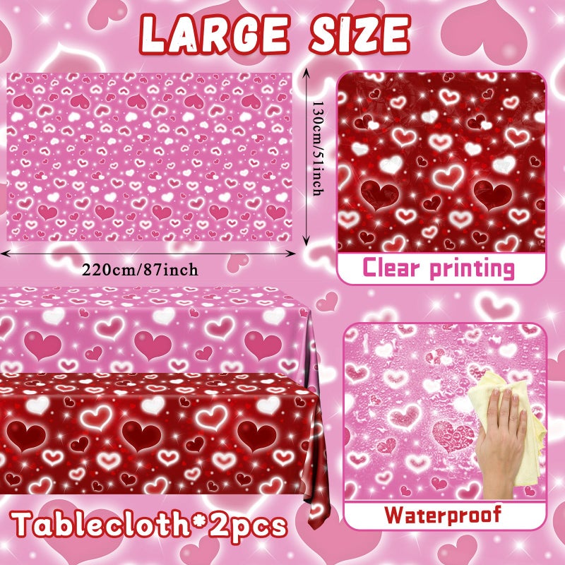 TEMYAXU 2Pieces Valentines Day Tablecloth, Early 2000s Glitter Red Heart Table Cover Love Heart Tablecloth and Pink Heart Table Cloth, for Valentine Day Galentines Day Wedding Anniversary Engagements - Image 2