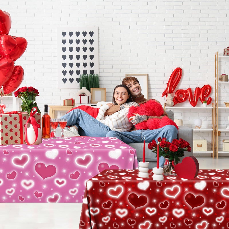 TEMYAXU 2Pieces Valentines Day Tablecloth, Early 2000s Glitter Red Heart Table Cover Love Heart Tablecloth and Pink Heart Table Cloth, for Valentine Day Galentines Day Wedding Anniversary Engagements - Image 4