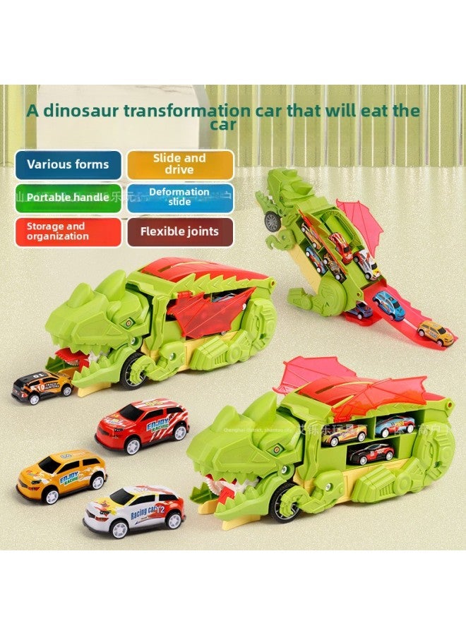Children's Dinosaur Devouring Car Catapult Sliding Transport Track Storage Alloy Car Educational Toys Car-Color:English Sealed Color Box [light Green] Swallowing Transformed Dinosaur + 6 Alloy Cars  - Image 4