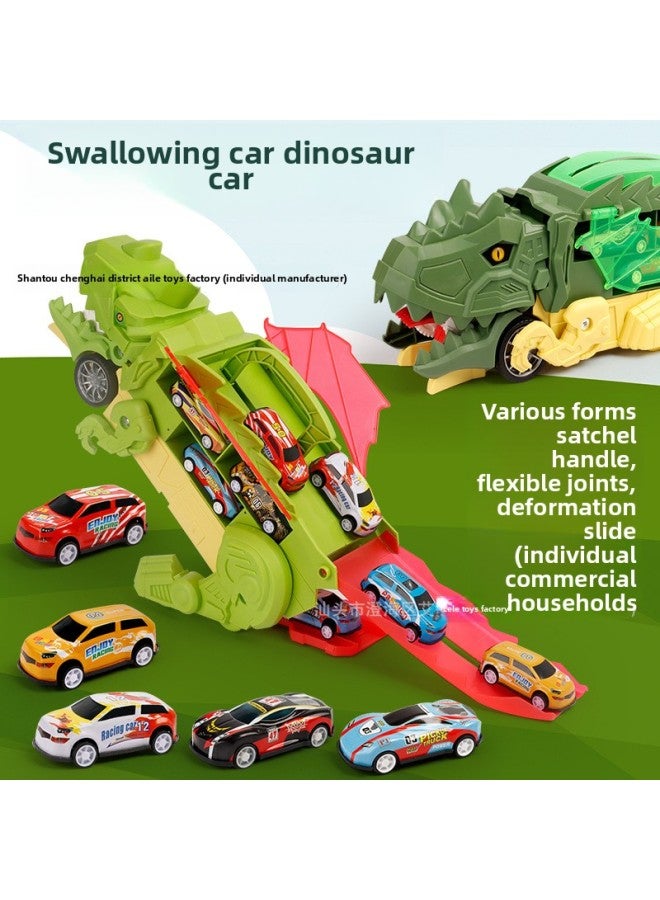 Children's Dinosaur Devouring Car Catapult Sliding Transport Track Storage Alloy Car Educational Toys Car-Color:English Sealed Color Box [light Green] Swallowing Transformed Dinosaur + 6 Alloy Cars  - Image 2